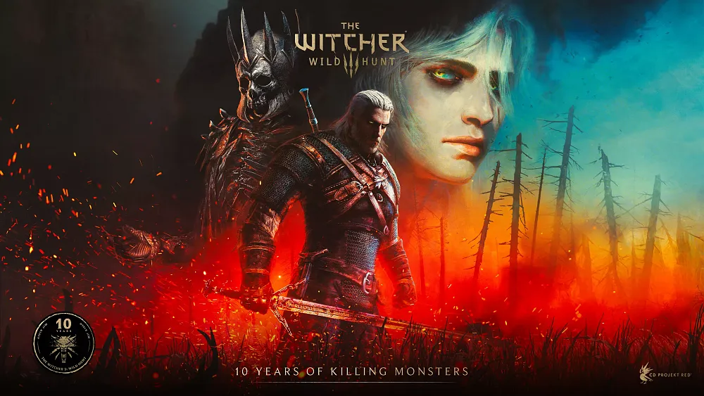 10th anniversary artwork for The Witcher 3: Wild Hunt, featuring the title at the top and the words "10 years of killing monsters" at the bottom. The art shows the Witcher, Geralt, and in the background are two additional characters superimposed on an image of the sky and a wooded area on fire.