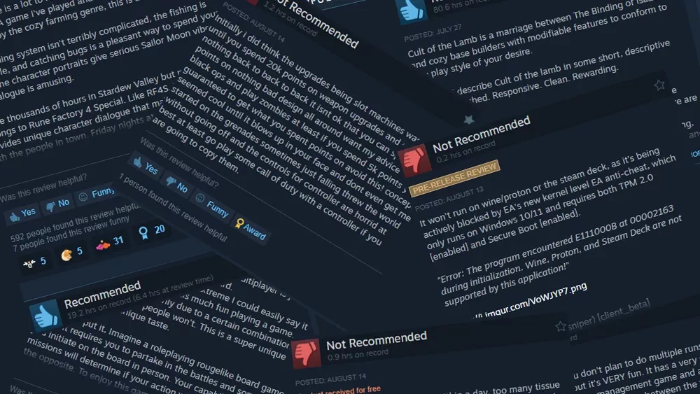 A collage of various user reviews that were posted to Steam.