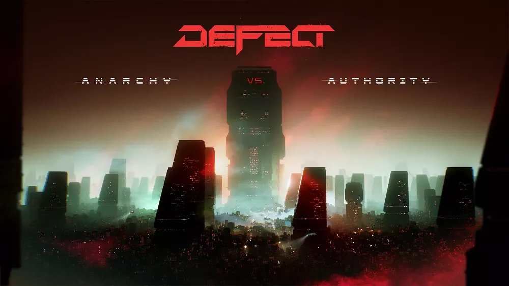 Art showing the title Defect and a futuristic cyberpunk style city.