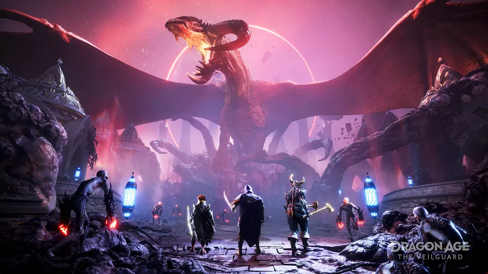 A group of warriors standing before a large and imposing dragon roaring into the air.