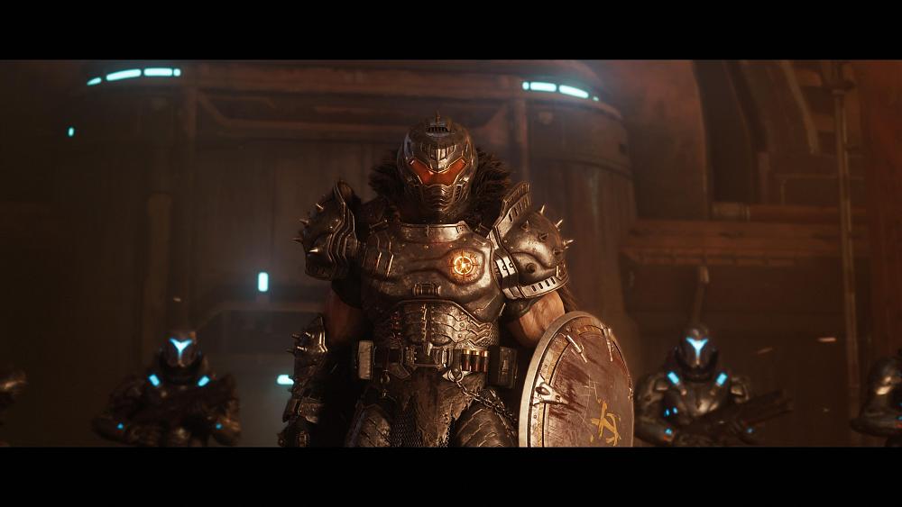 The DOOM Slayer from DOOM: The Dark Ages in black armor and a fur cloak.