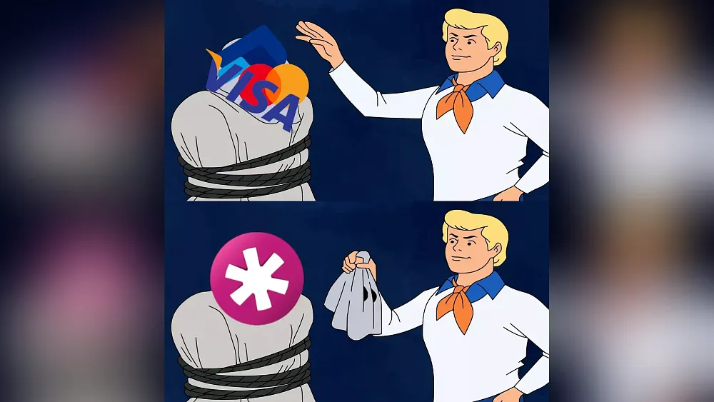 The Scooby-Doo unmasking meme. At the top is a villain with logos for payment processors. Bottom is the "unmasked" view showing a logo for an anti-porn group.