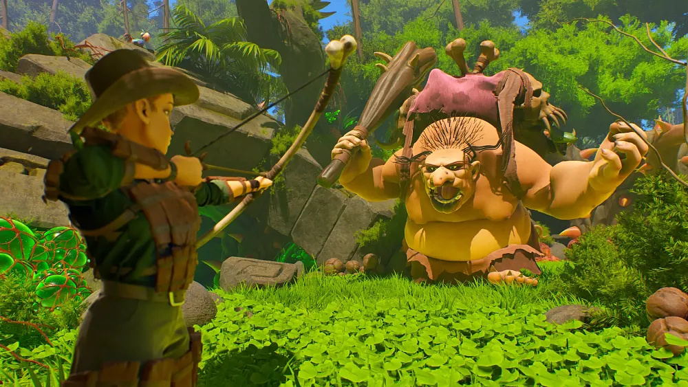 A man with a bow and arrow aiming at a big ogre creature, which is holding a giant wooden club.
