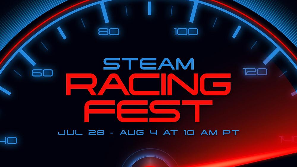Promotional art for the Steam Racing Fest 2025, beginning on July 28th at 10 am PT and ending August 4 at the same time.