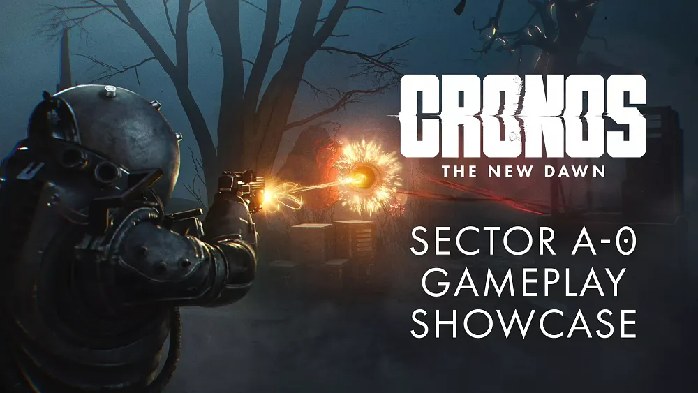 A person with a futuristic gun firing it. The person is wearing a sort-of astronaut style suit. Text says: Cronos: The New Dawn. Sector A-0 Gameplay Showcase.