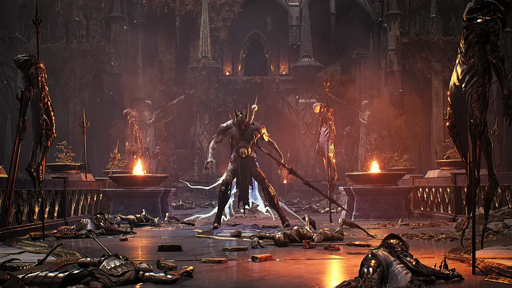 An evil knight looking character assuming an aggressive stance in a red-tinted environment.
