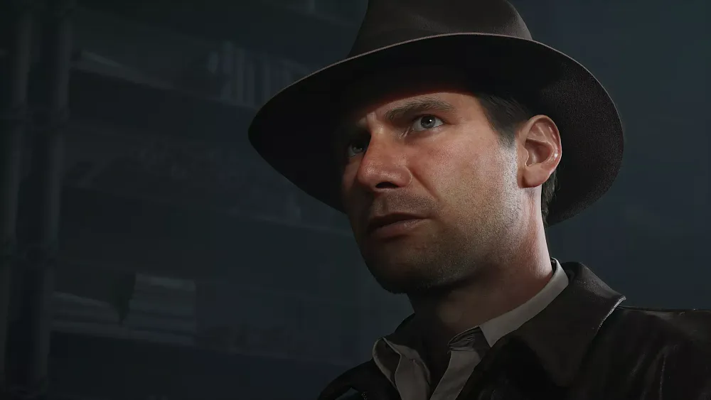 In-game closeup of Indiana Jones from The Order of the Giants DLC.