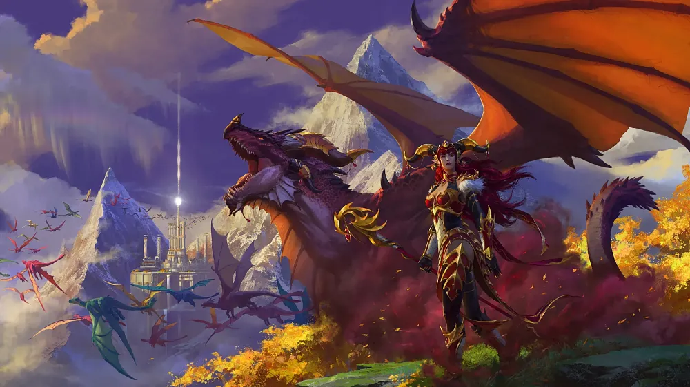 Woman wearing red and gold armor standing in front of a roaring red dragon as other dragons fly in the sky in the background.