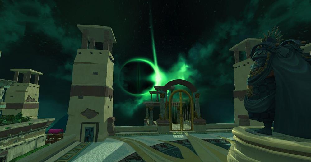 A RuneScape character looking towards the green-ish night sky while standing atop some building in the desert.