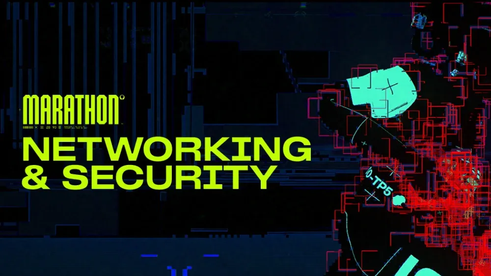 Image with a somewhat abstract design based on the design principles of the Marathon game. The image says: "Marathon - Networking & Security."