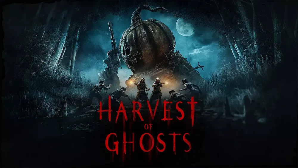Promo artwork for Harvest of Ghosts event in Hunt: Showdown 1896, featuring a scary jack o lantern over a person's head.