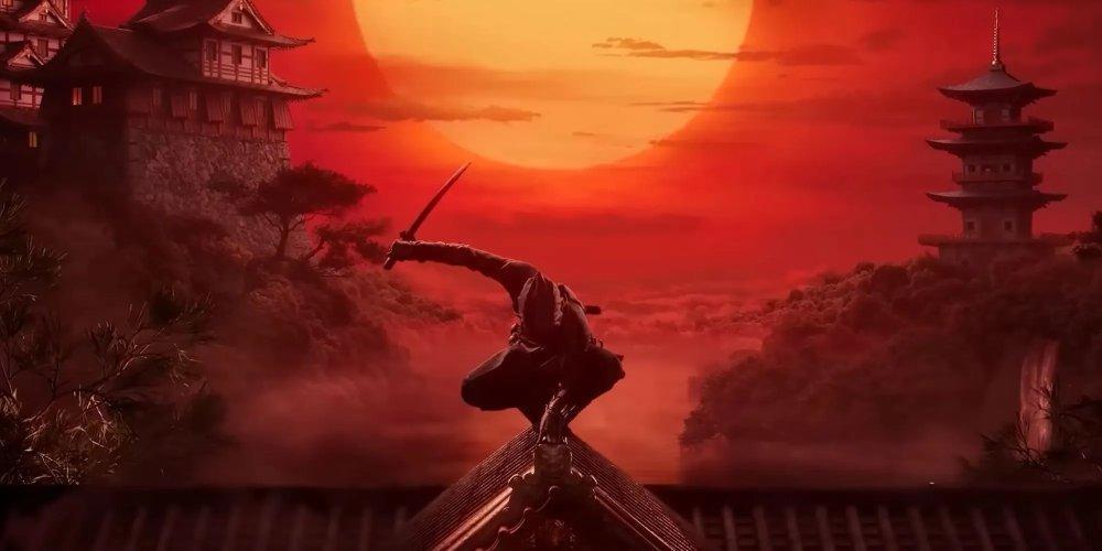 Art showing a ninja atop a building.
