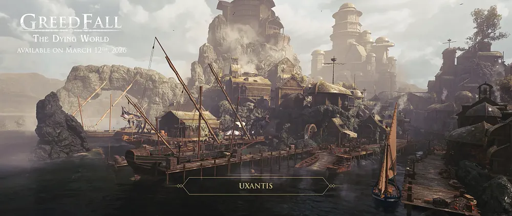 Image of a port city on an island from the fantasy RPG GreedFall: The Dying World.