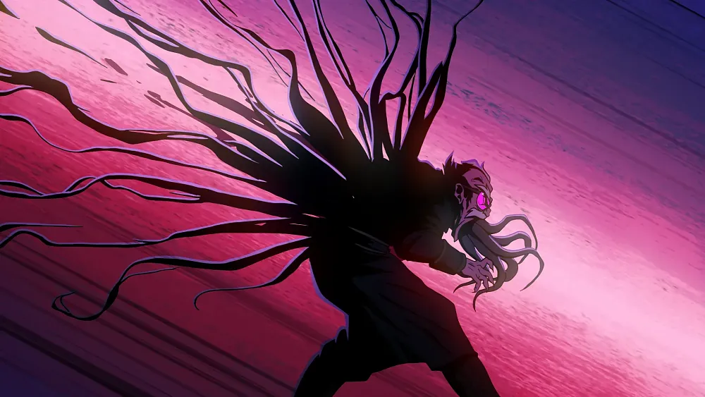 A still from the animated music video trailer for John Carpenter's Toxic Commando. The image shows an animated version of John Carpenter transforming into a monster with spikes out his back and tentacles coming out of his mouth.