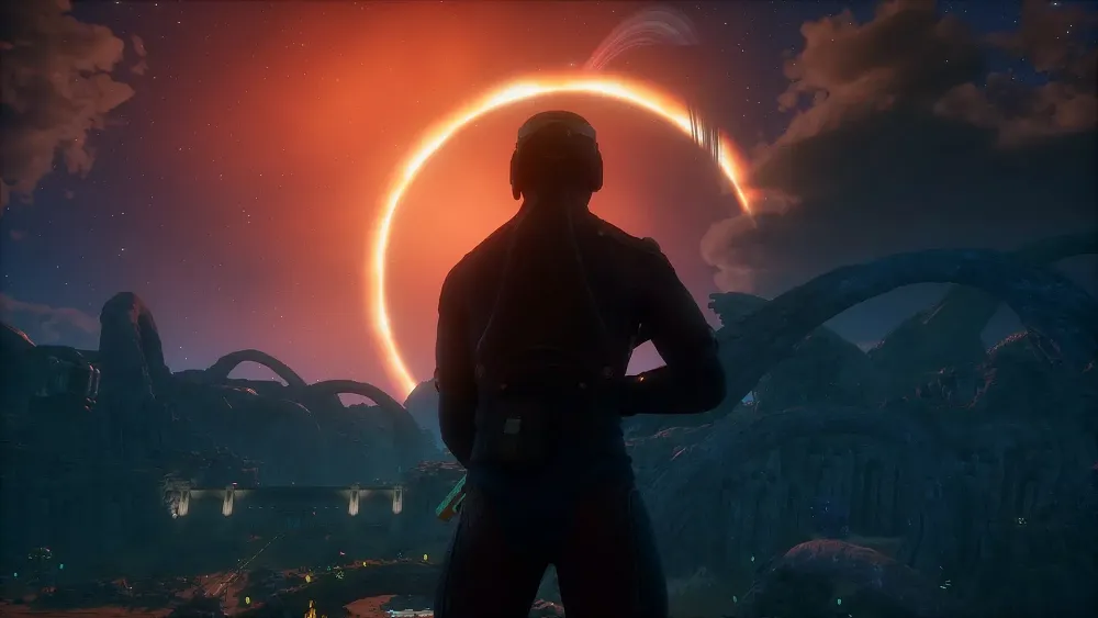 A space adventurer staring at a solar eclipse on an alien planet.