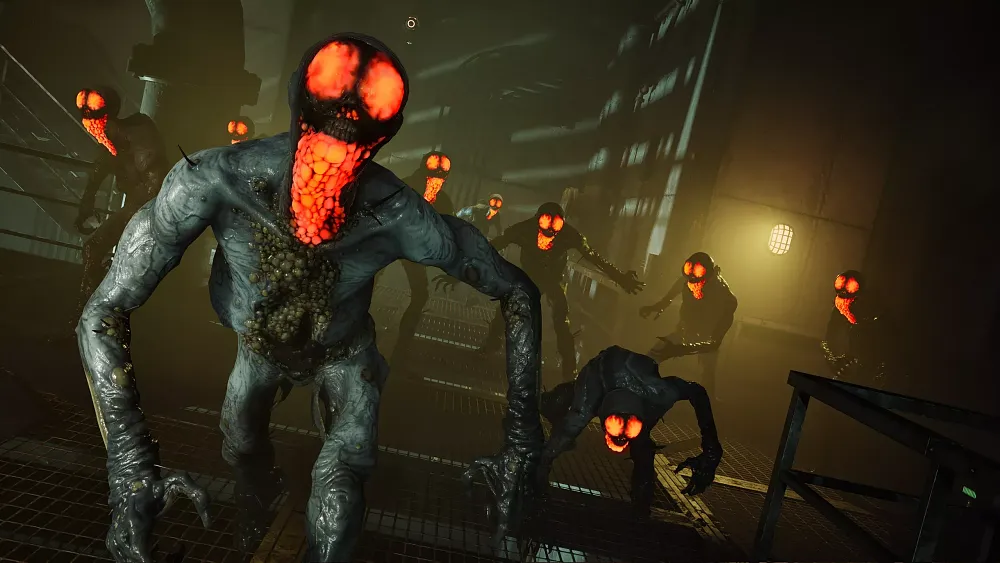 Several of the "cyst" enemies from Killing Floor 3. They are humanoid monsters with orange glowing eyes and glowing orange in the mouth.