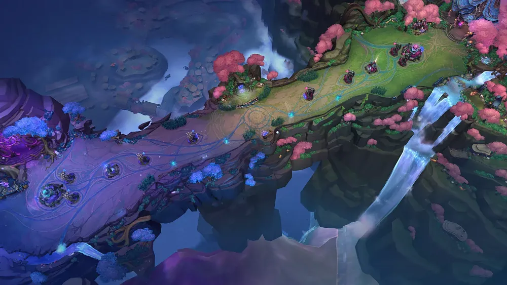 Image from League of Legends showing the game map covered in Spirit Blossoms for an in-game event.