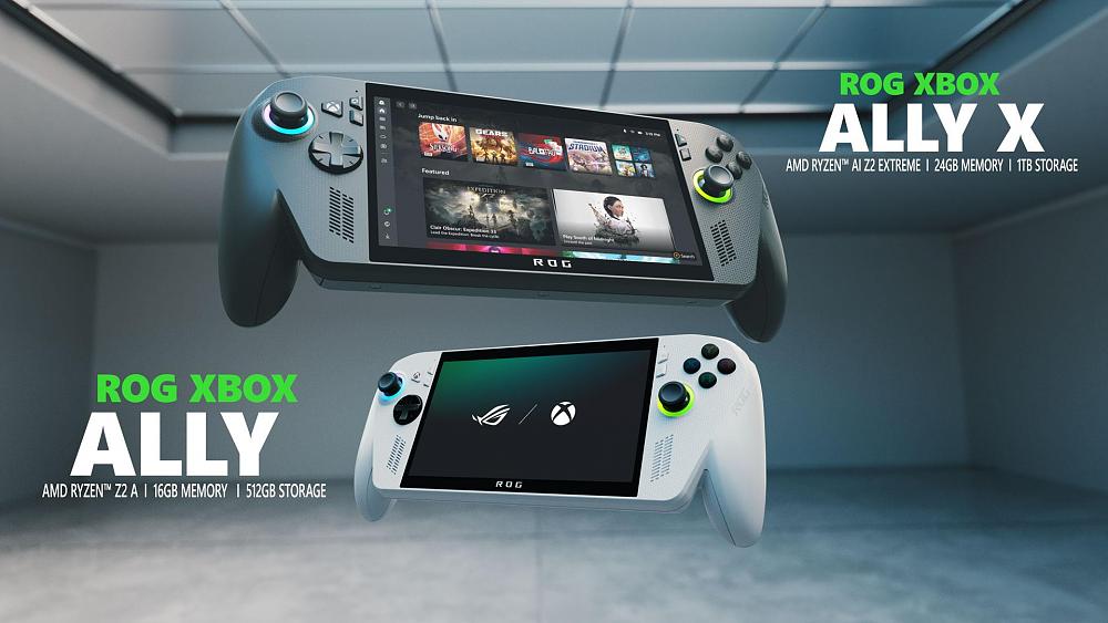Promo artwork for two new upcoming Xbox handheld devices from ASUS under the ROG brand.