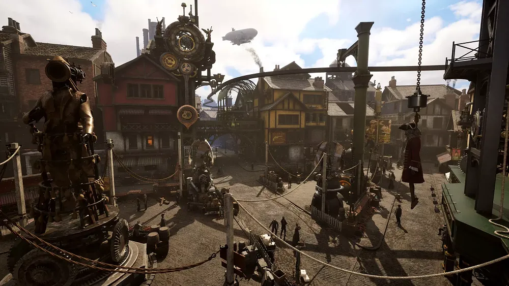 Screen showing a steampunk city with a few people walking the streets, various machines, and one person apparently hung from a chain.