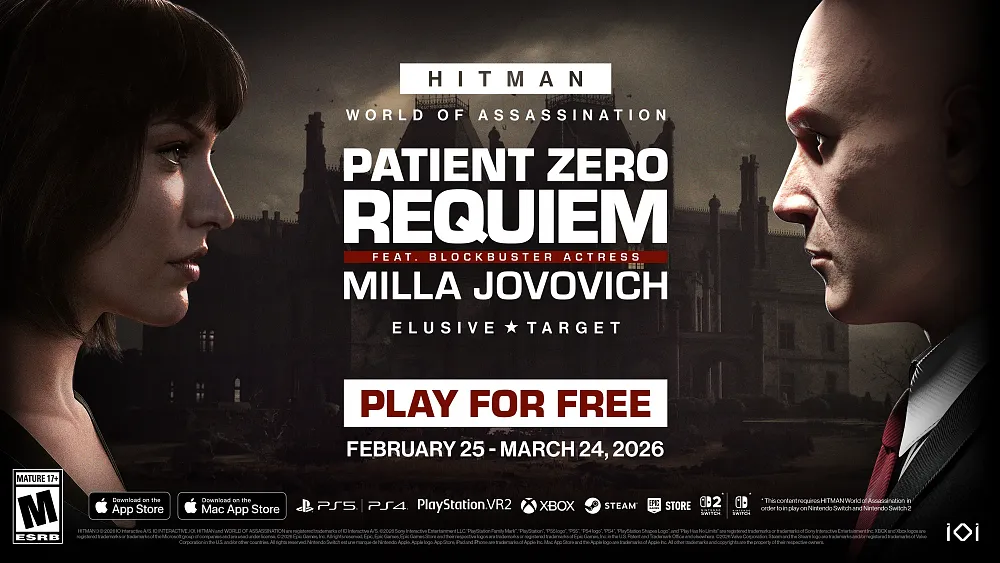Art depicting a character played by Milla Jovovich facing off against Agent 47 in HITMAN World of Assassination. It is promoting a new Elusive Target and other new content for the game.