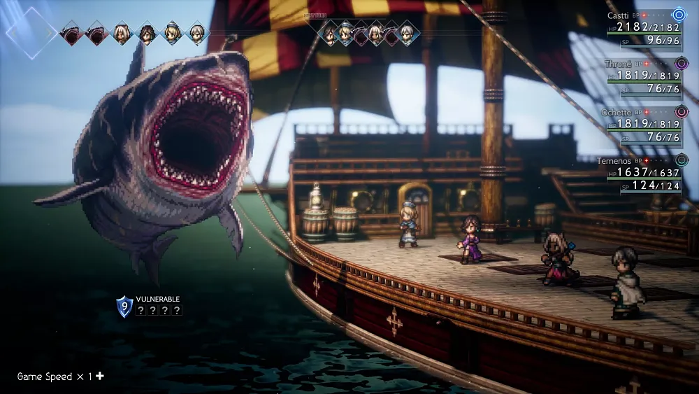A fight between heroes and a shark taking place on a boat at sea.