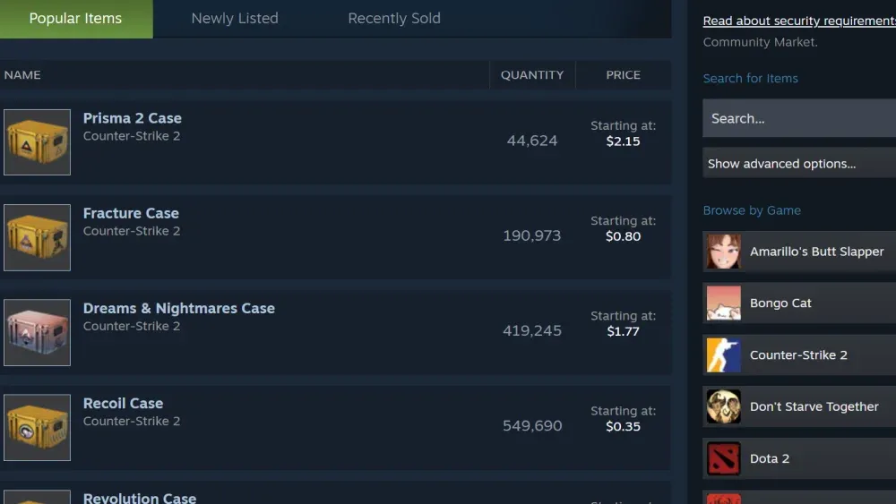 A screenshot of the current most popular items available for sale on the Steam Community Market, most of which are "cases" (sometimes seen as loot boxes) for Counter-Strike 2.