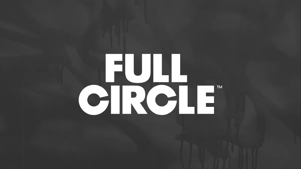 The words "Full Circle" in white text on an abstract muted grey background.