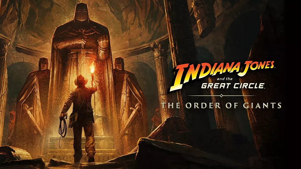 Artwork showing Indian Jones holding a torch up towards a giant statue of a knight. Text reads, Indiana Jones and the Great Circle: The Order of Giants.