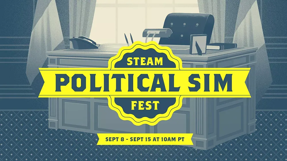 Promotional art showing a desk and chair inside of an office. The text reads: "Political Sim Fest - September 8 - September 15 at 10am PT.
