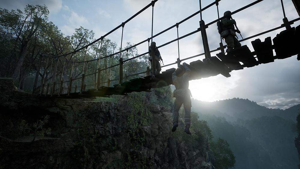Snake hanging off the side of a rope bridge as two guards walk on it.