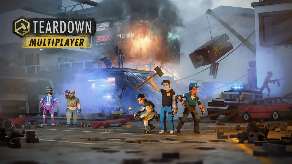 Key art for the upcoming multiplayer update for Teardown showing several voxel-based characters playing in a destructible voxel-based world.