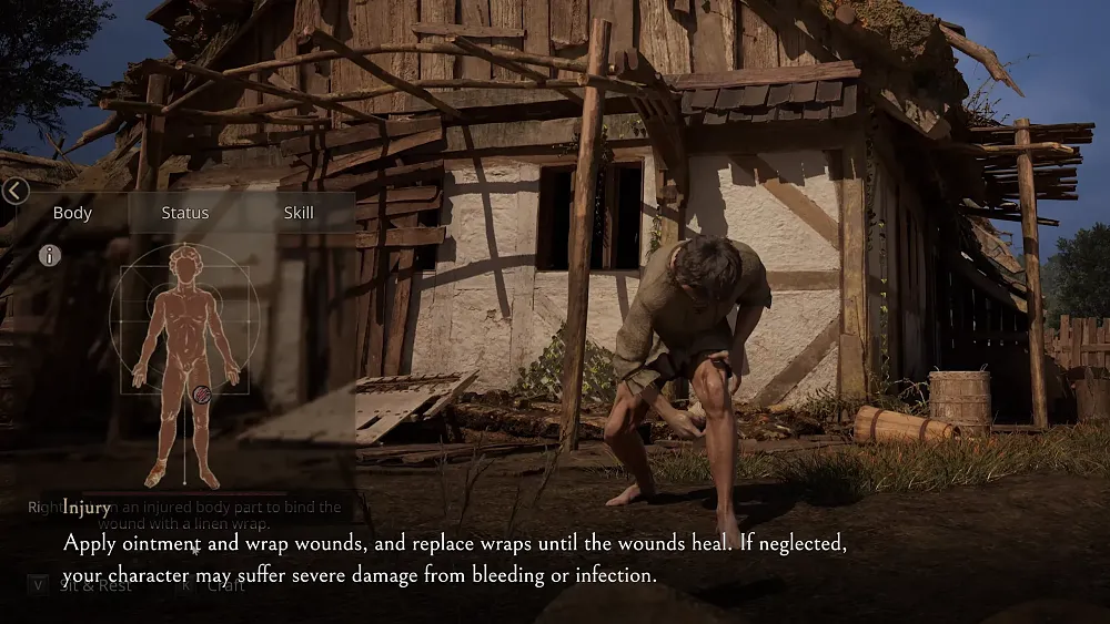 Screenshot from God Save Birmingham showing a menu and the player character cleaning a wound to avoid infection.