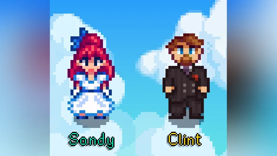 Sprites of the characters of Sandy and Clint as the two new romance options for the upcoming 1.7 update for Stardew Valley. They are both shown as they will appear in their wedding attire.