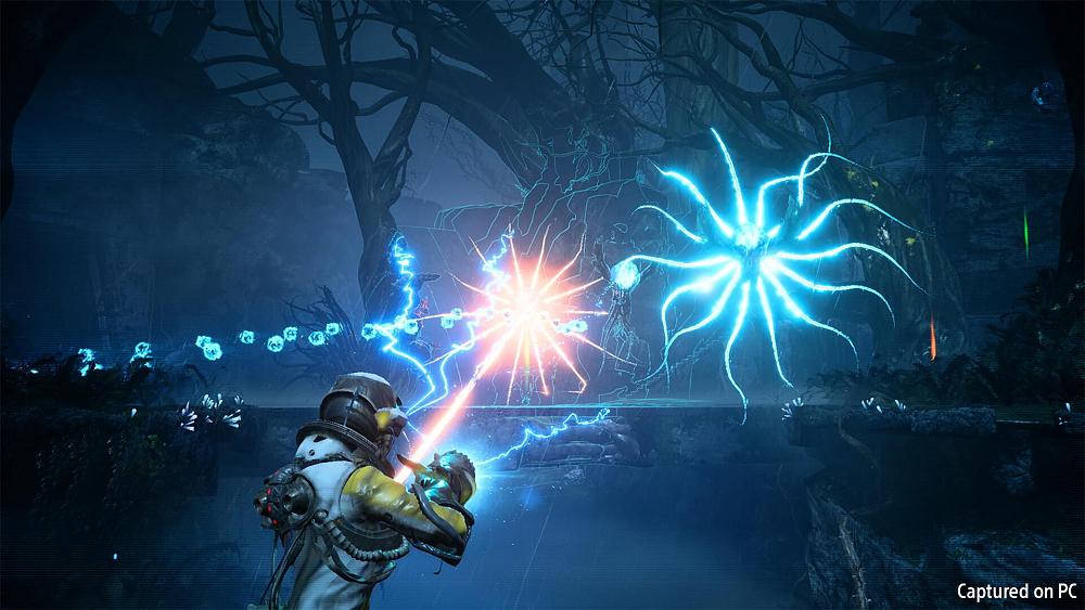 Screenshot from a videogame featuring a character firing a laser weapon at alien creatures