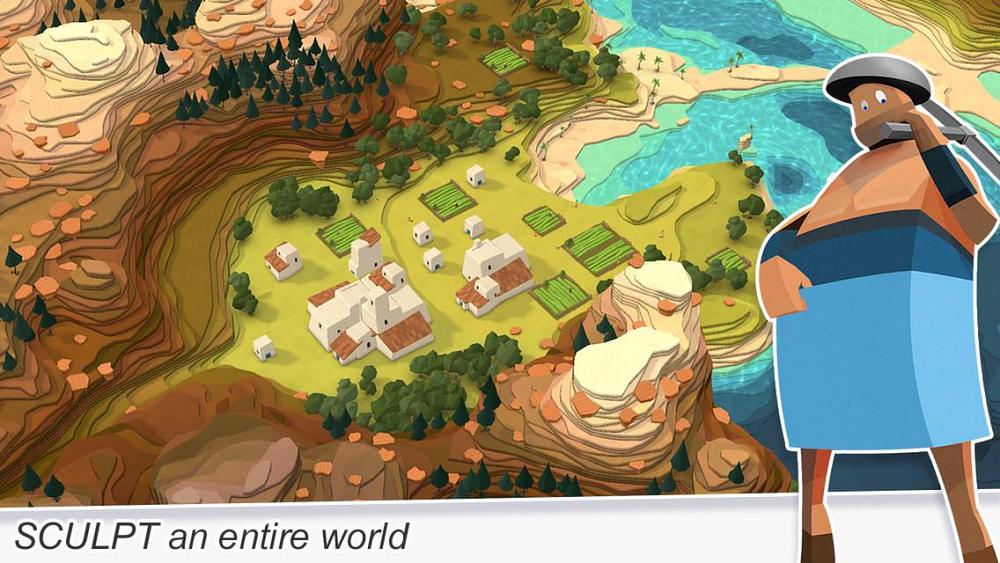 Text: "Sculpt an entire world." Image: A blocky person holding a pickaxe in front of an isometric view of a small town set amidst cliffsides.