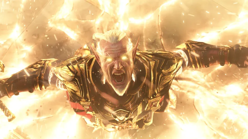 Still from a World of Warcraft: Midnight cinematic of a warrior engulfed in flames.
