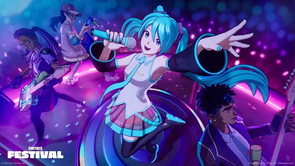 Image of the virtual, anime, blue-haired pop icon Hatsune Miku singing a song in her Fortnite collaboration. Text at bottom says Fortnite Festival.