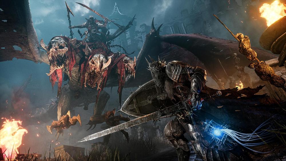 A knight with sword and shield facing off against a multi-armed foe riding a three headed flying giant beast.