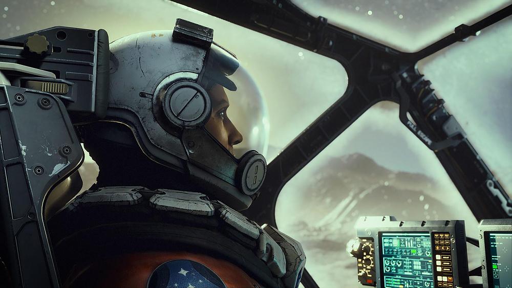 A space adventurer in a space suit in the pilot's seat of a spacecraft in a shot from Starfield.