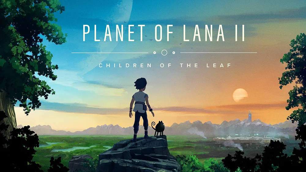 A landscape image of a young person and a small, black, cat-like creature standing on a rock, overlooking a lush green valley and distant, industrial-like structures under a dramatic sunset or sunrise sky. The title "PLANET OF LANA II: CHILDREN OF THE LEAF" is overlaid on the image.