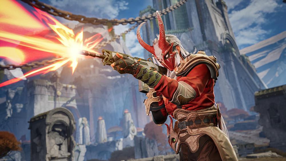 A character wearing a red horned mask firing an assault rifle.