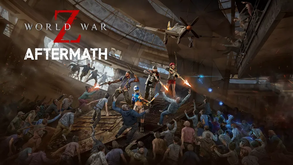 Key art with text World War Z: Aftermath - Battle of Arizona. Image shows a group of survivors armed with weapons taking on a giant horde of zombies.
