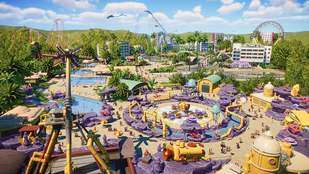 A high-up view of a virtual theme park with plenty of water attractions.