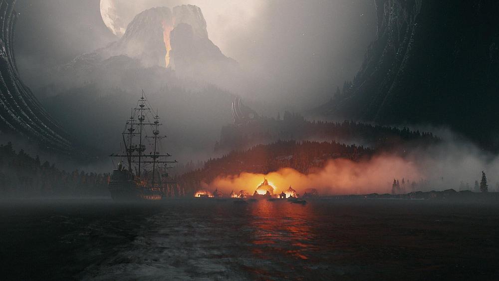 An image showing a large old boat near several smaller boats all at sea. Beyond them is a village on fire, then dense forests, and in the far distance is a volcano. The moon is out and it's at night.