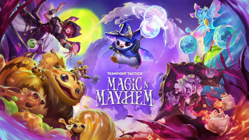 Key art for the Magic n' Mayhem update showing art of a bunch of heroes and characters.