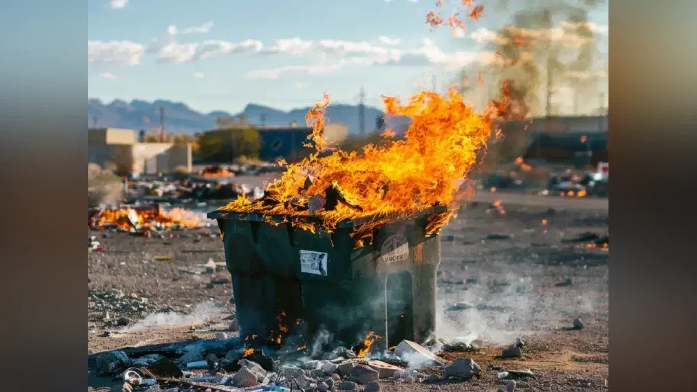 A photo of a trash dumpster on fire.