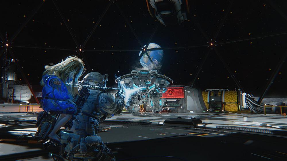 Sceenshot from Pragmata showing a character in a space suit battling evil robots in a lunar base.