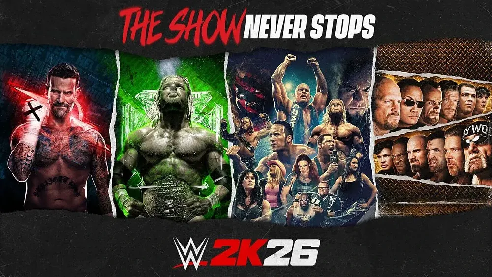 Art showing different eras and groups of WWE Superstars for the release of WWE 2K26.