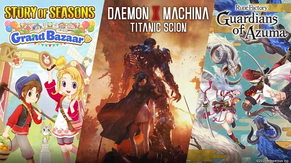 Three covers for three different Marvelous USA games. The games from left to right: Story of Seasons: Grand Bazaar, Daemon X Machina: Titanic Scion, and Rune Factory: Guardians of Azuma.