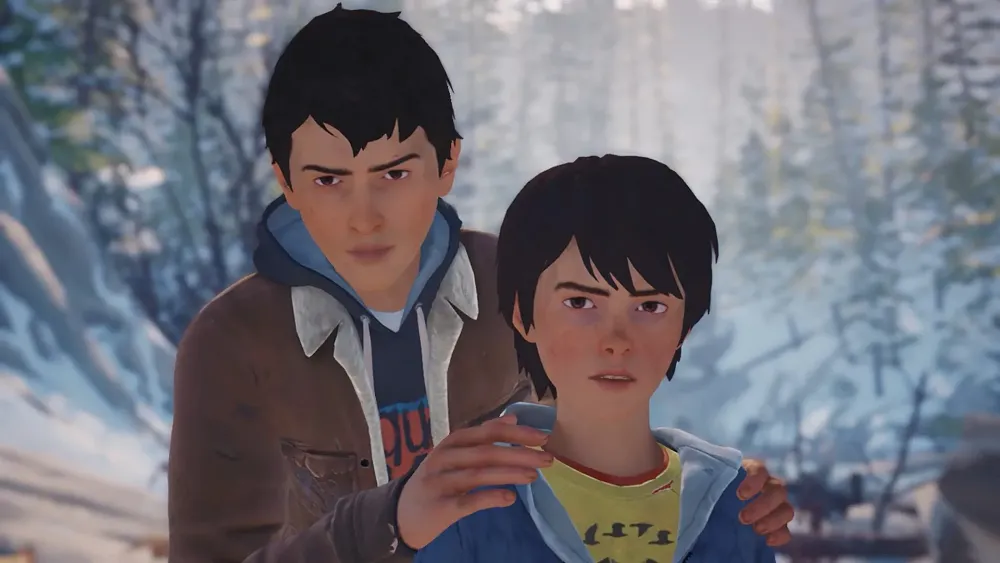 Image showing two young boys, one older than the other. They both have a concerned expression on their faces. Both are standing in what appears to be a snowy outdoor location.